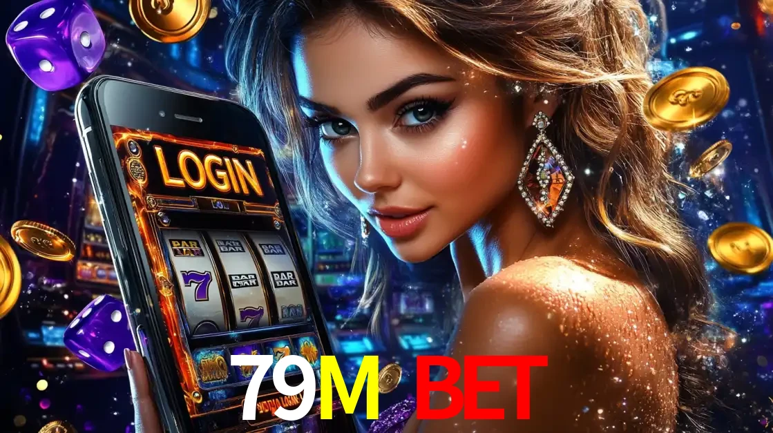 Mulher glamorosa segurando um smartphone com a tela de login para os jogos de caça-níqueis do cassino online 79M BET, com moedas de ouro e dados ao redor.