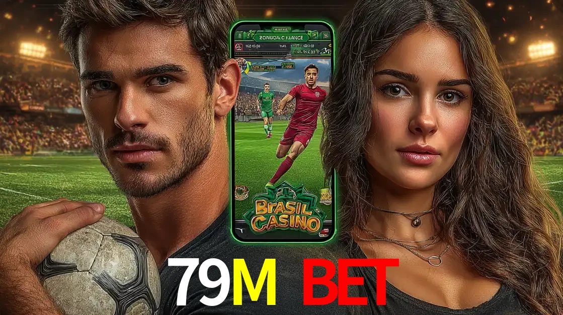 Homem segurando uma bola de futebol e uma mulher ao lado de um smartphone exibindo o jogo de apostas esportivas da 79M BET. Faça seu palpite no cassino online.